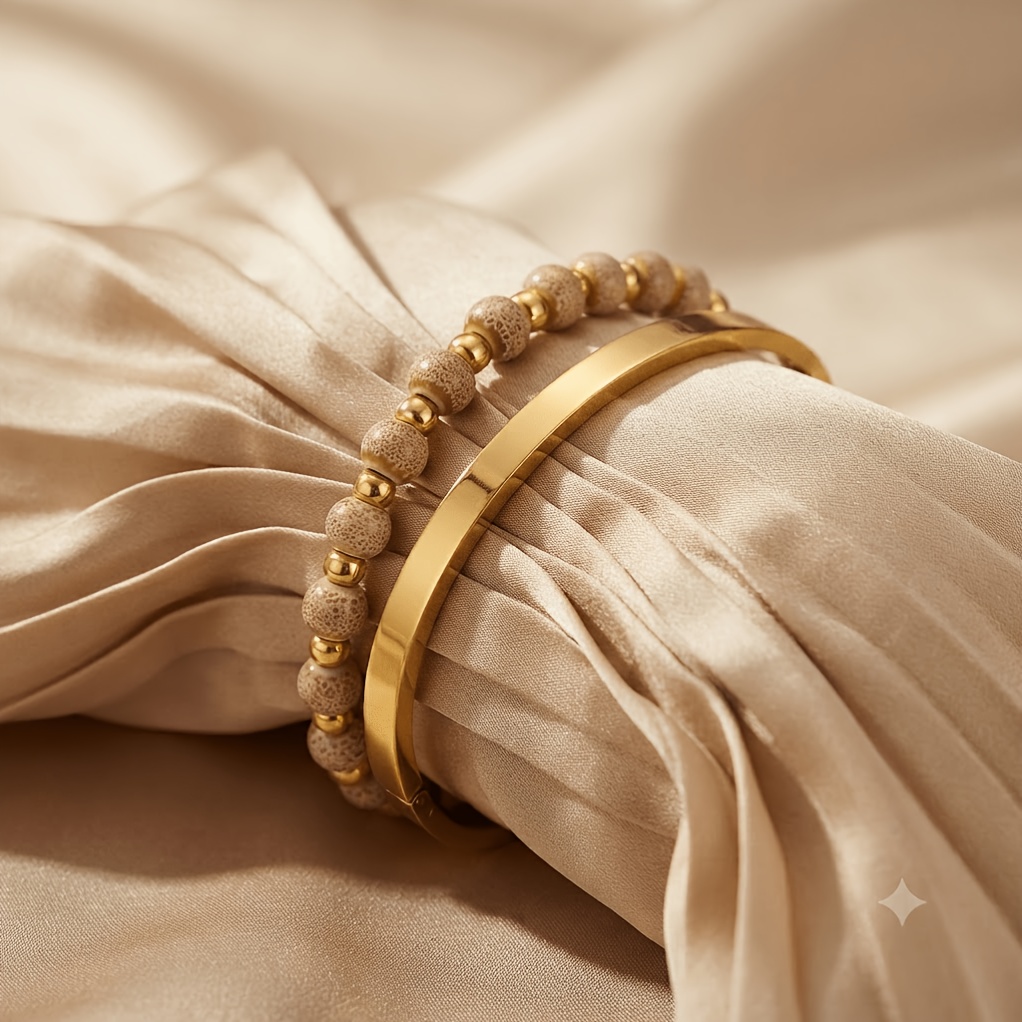 2pcs Minimalist Stainless Steel Golden Bracelet Set